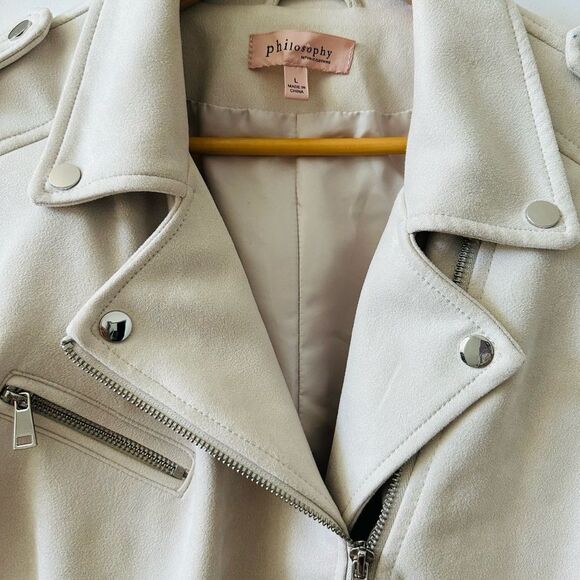 Philosophy Cream Faux Leather Suede Moto Jacket Asymmetrical Zipper Belt Size L - Picture 6 of 13